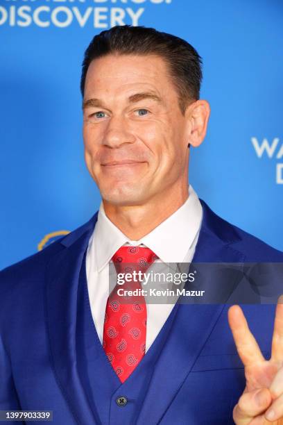 John Cena, Wipeout on TBS and Peacemaker on HBO Max attends the Warner Bros. Discovery Upfront 2022 arrivals on the red carpet at The Theater at...
