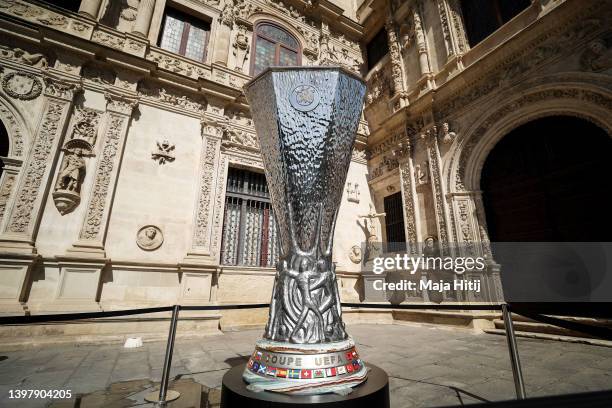 Replica UEFA Europa League Trophy is seen in the city outside the stadium ahead of the UEFA Europa League final match between Eintracht Frankfurt and...