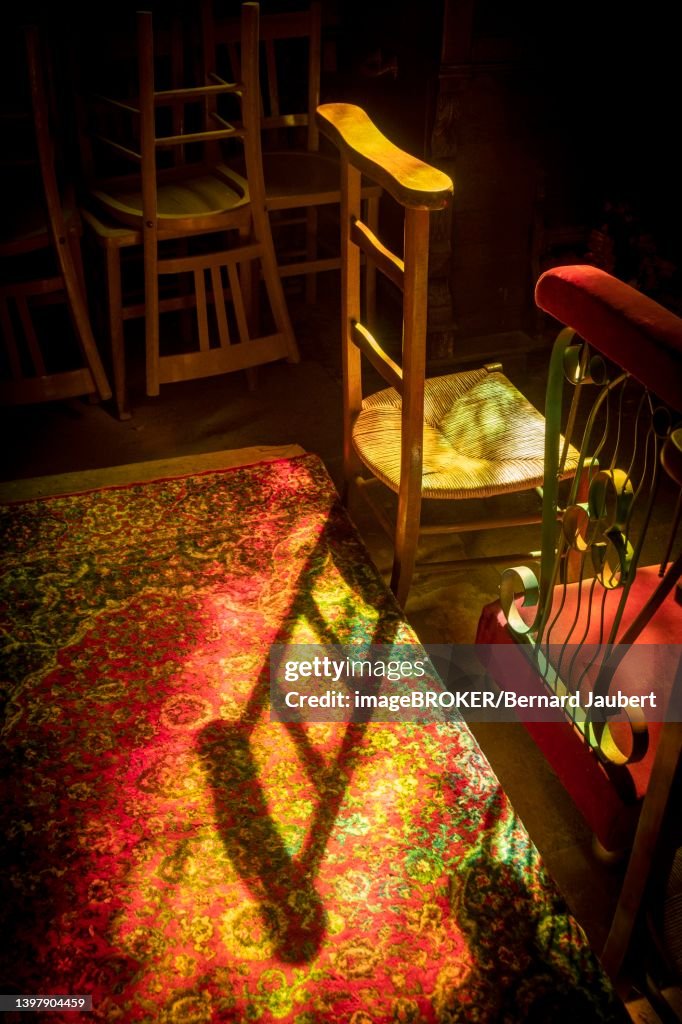 Chairs in a church, Puy de Dome department, Auvergne Rhone Alpes, France