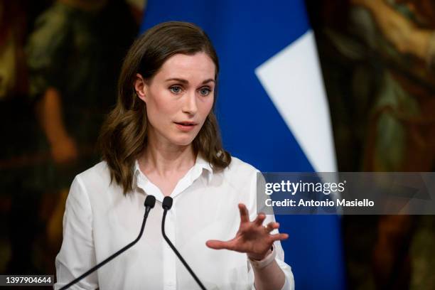 Finnish Prime Minister Sanna Marin and Italian Prime Minister Mario Draghi hold a joint press conference after their meeting at Palazzo Chigi on May...