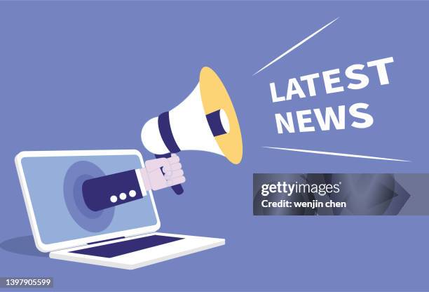 stockillustraties, clipart, cartoons en iconen met megaphone, laptop, latest news, web news concept illustration. - newspaper article