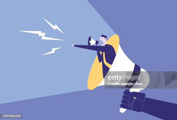 business man shouting lightning bolt in megaphone. - complaining stock illustrations stock illustrations