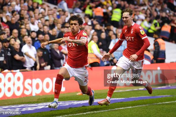 Brennan Johnson of Nottingham Forest celebrates with team mate James Garner after scoring their side's first goal with James Garner during the Sky...