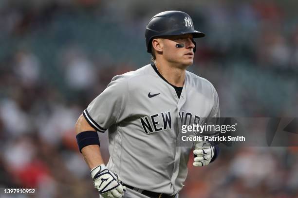 Josh Donaldson of the New York Yankees runs against the Baltimore Orioles at Oriole Park at Camden Yards on May 17, 2022 in Baltimore, Maryland.