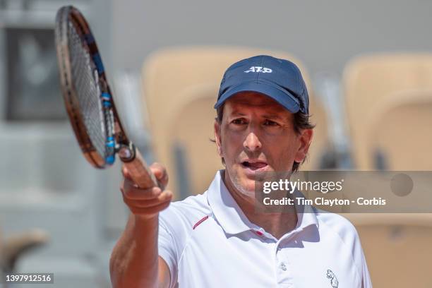 May 18. Sebastian Prieto, coach of Daniel Evans of Great Britain while training on Court Philippe Chatrier in preparation for the 2022 French Open...