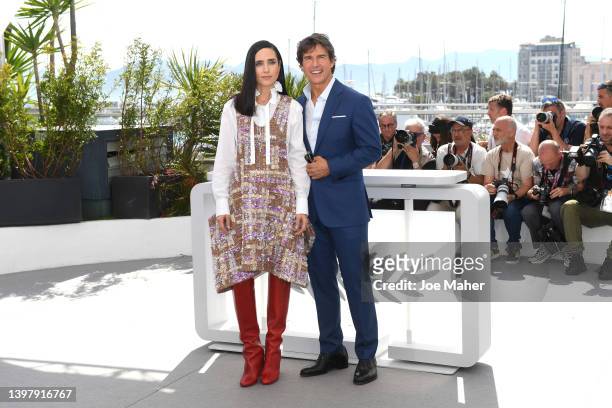 Tom Cruise and Jennifer Connelly attend the photocall of "Top Gun: Maverick" during the 75th annual Cannes film festival at Palais des Festivals on...
