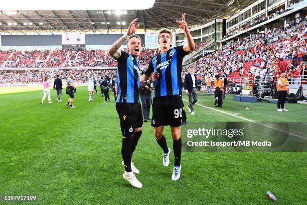 Noa Lang of Club Brugge and Charles De Ketelaere of Club Brugge celebrate the title of champion after winning the Jupiler Pro League Champions...