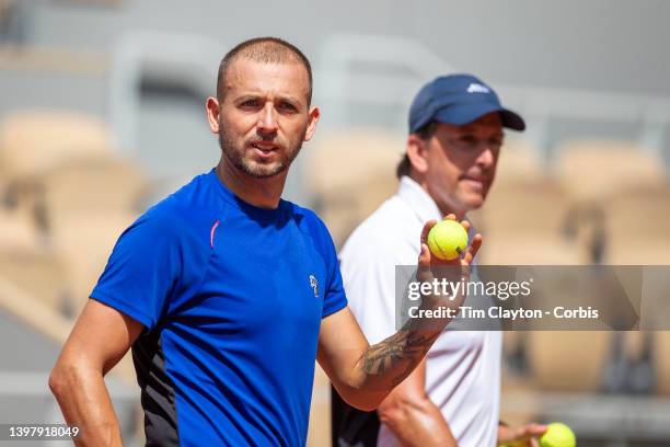 May 18. Daniel Evans of Great Britain with coach Sebastian Prieto while training on Court Philippe Chatrier in preparation for the 2022 French Open...