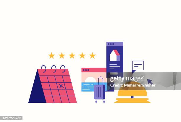 online hotel and vacation booking vector illustration. - reception desk stock illustrations