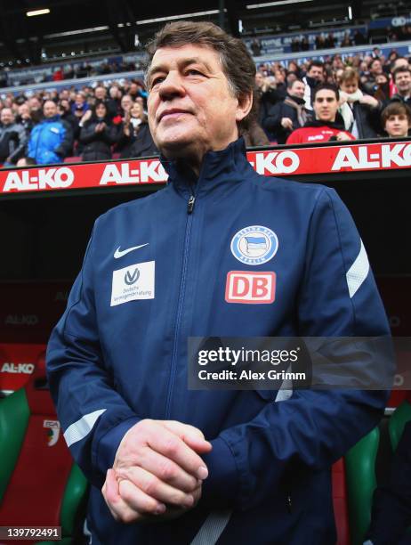 Head coach Otto Rehhagel of Berlin arrives for the Bundesliga match between FC Augsburg and Hertha BSC Berlin at SGL Arena on February 25, 2012 in...