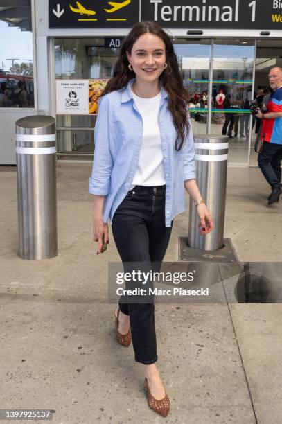 Actress Aisling Franciosi is seen arriving ahead of/ the 75th annual Cannes film festival at Nice Airport on May 18, 2022 in Nice, France.