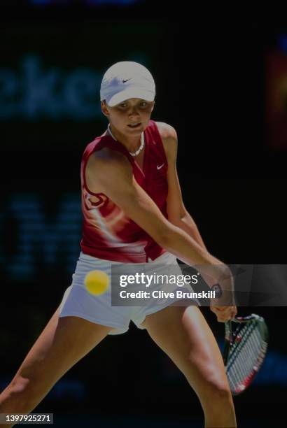 Daniela Hantuchová from Slovakia plays a double handed forehand return to Venus Williams of the United States in their Women's Singles Third Round...