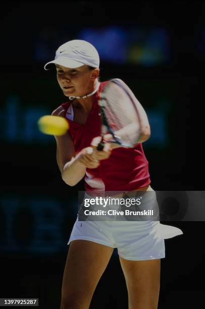 Daniela Hantuchová from Slovakia plays a double handed forehand return to Venus Williams of the United States in their Women's Singles Third Round...