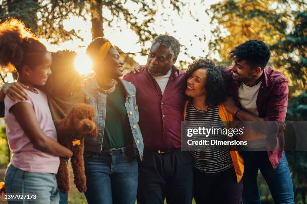 african american family embracing outdoors - black poodle stockfoto's en -beelden
