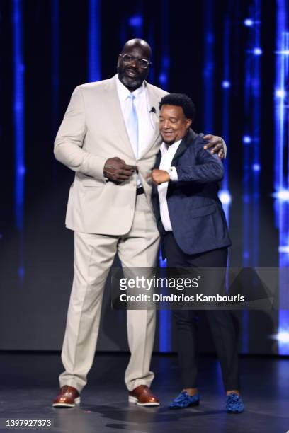 Shaquille O'Neal, Inside the NBA, Turner Sports and Pedro Martinez, MLB on TBS, Turner Sports speak onstage during the Warner Bros. Discovery Upfront...
