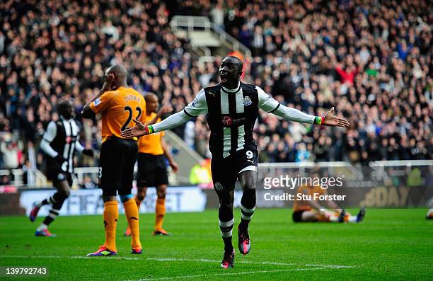 Newcastle forward Papiss Cisse celebrates after scoring the first goal during the Barclays Premier League match between Newcastle United and...