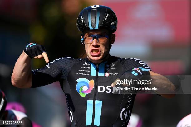 Alberto Dainese of Italy and Team DSM celebrates at finish line as stage winner during the 105th Giro d'Italia 2022, Stage 11 a 203km stage from...