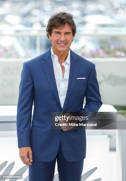 Tom Cruise attends the photocall of "Top Gun: Maverick" during the 75th annual Cannes film festival at Palais des Festivals on May 18, 2022 in...