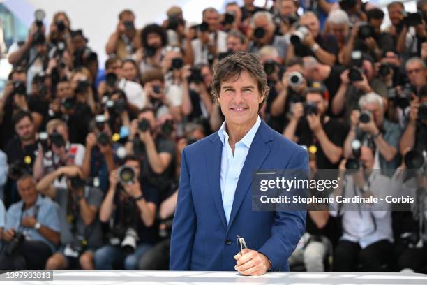 Tom Cruise attends the photocall of "Top Gun: Maverick" during the 75th annual Cannes film festival at Palais des Festivals on May 18, 2022 in...