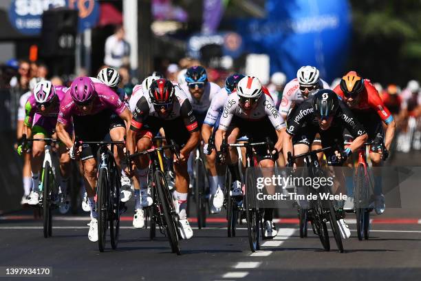 Arnaud Demare of France and Team Groupama - FDJ Purple Points Jersey, Fernando Gaviria Rendon of Colombia and UAE Team Emirates, Simone Consonni of...