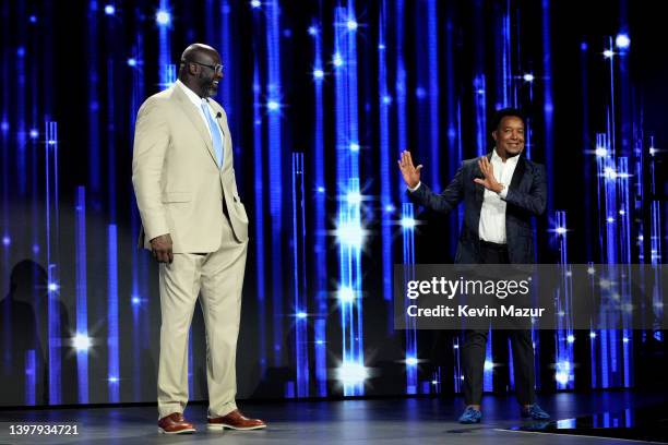 Shaquille O'Neal, Inside the NBA, Turner Sports and Pedro Martinez, MLB on TBS, Turner Sports speak onstage during the Warner Bros. Discovery Upfront...