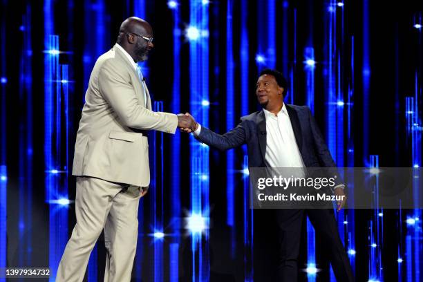 Shaquille O'Neal, Inside the NBA, Turner Sports and Pedro Martinez, MLB on TBS, Turner Sports speak onstage during the Warner Bros. Discovery Upfront...