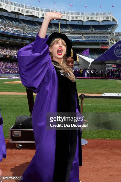Taylor Swift arrives to deliver the New York University 2022 Commencement Address at Yankee Stadium on May 18, 2022 in New York City.