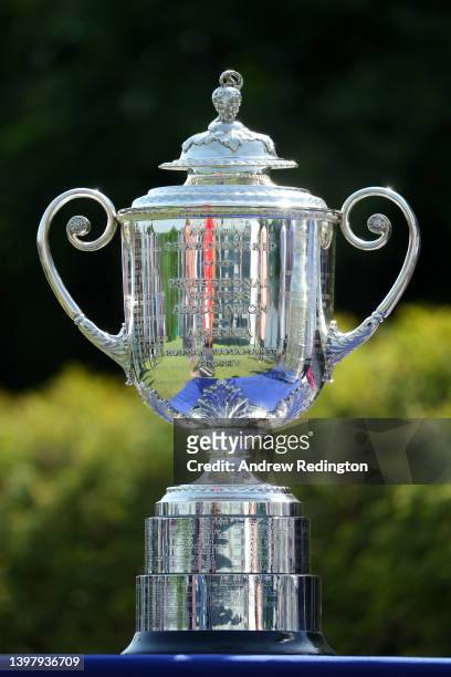 The Wanamaker Trophy is seen during a practice round prior to the start of the 2022 PGA Championship at Southern Hills Country Club on May 18, 2022...