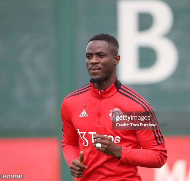 Eric Bailly of Manchester United in action during a first team training session at Carrington Training Ground on May 17, 2022 in Manchester, England.