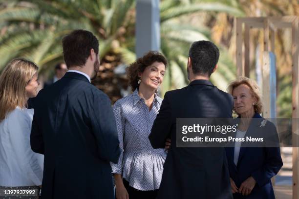 Unesco Director-General Audrey Azoulay speaks upon her arrival at the opening of the 'Celebrating Life' exhibition on May 18 in Barcelona, Catalonia,...