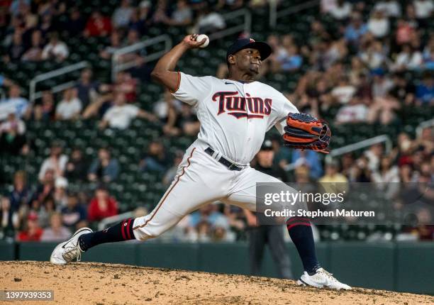 Jharel Cotton of the Minnesota Twins pitches the ball in the eighth inning of the game against the Houston Astros at Target Field on May 10, 2022 in...