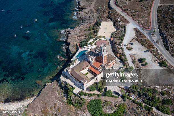 Aerial view, from helicopter, Tafuri Castle, in the province of Siracusa in Sicily on August 11, 2019 in Portopalo Di Capo Passero, Italy. Italy's...