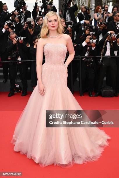 Elle Fanning attends the screening of "Top Gun: Maverick" during the 75th annual Cannes film festival at Palais des Festivals on May 18, 2022 in...