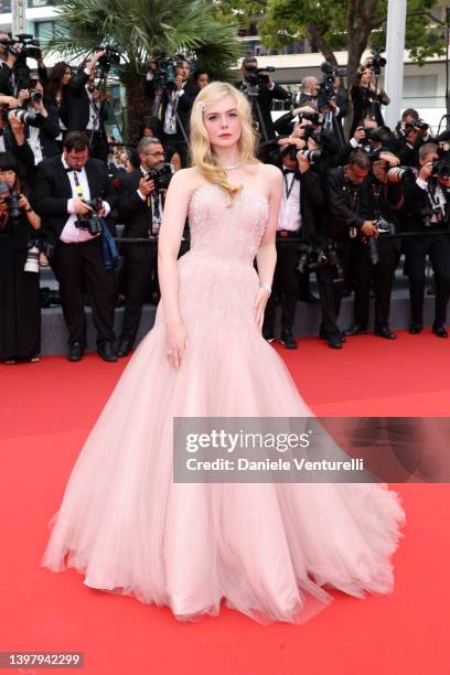 Elle Fanning attends the screening of "Top Gun: Maverick" during the 75th annual Cannes film festival at Palais des Festivals on May 18, 2022 in...