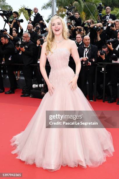 Elle Fanning attends the screening of "Top Gun: Maverick" during the 75th annual Cannes film festival at Palais des Festivals on May 18, 2022 in...