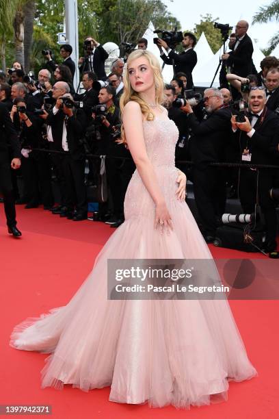 Elle Fanning attends the screening of "Top Gun: Maverick" during the 75th annual Cannes film festival at Palais des Festivals on May 18, 2022 in...