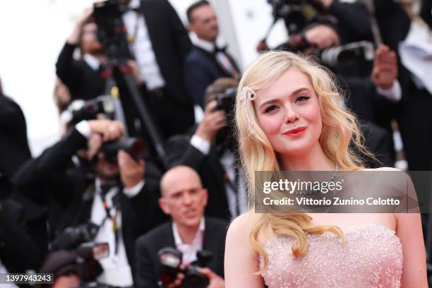 Elle Fanning attends the screening of "Top Gun: Maverick" during the 75th annual Cannes film festival at Palais des Festivals on May 18, 2022 in...