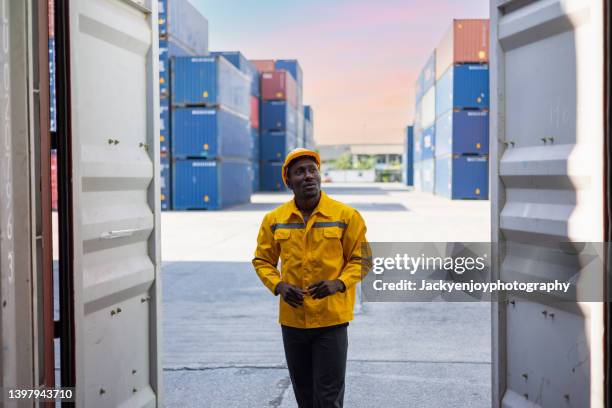 commercial docks worker examining containers - funcionário de alfândega imagens e fotografias de stock