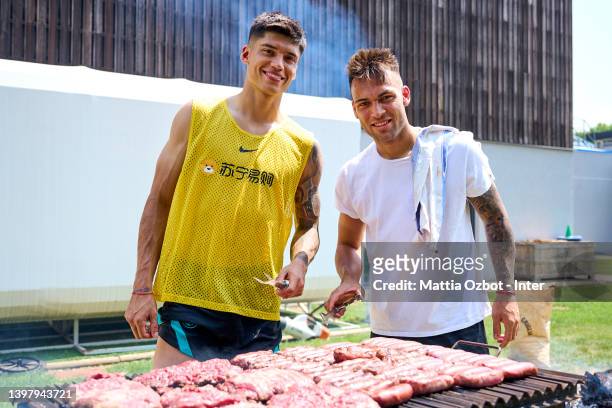 Lautaro Martinez of FC Internazionale and Joaquin Correa of FC Internazionale having a BBQ barbecue at Appiano Gentile on May 18, 2022 in Como, Italy.