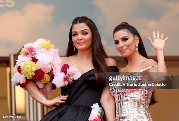 Aishwarya Rai Bachchan and Eva Longorio attend the screening of "Top Gun: Maverick" during the 75th annual Cannes film festival at Palais des...