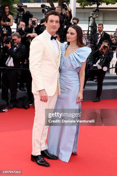 Miles Teller and Keleigh Sperry attend the screening of "Top Gun: Maverick" during the 75th annual Cannes film festival at Palais des Festivals on...