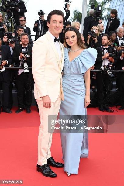 Miles Teller and Keleigh Sperry attend the screening of "Top Gun: Maverick" during the 75th annual Cannes film festival at Palais des Festivals on...