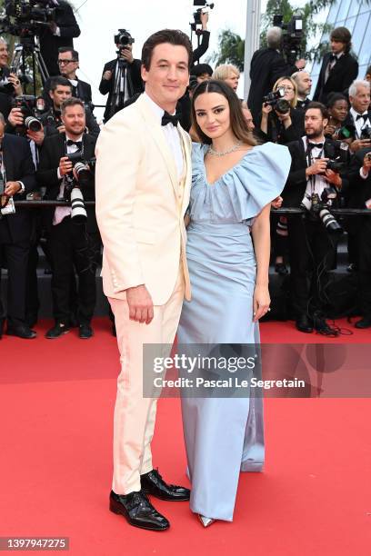 Miles Teller and Keleigh Sperry attend the screening of "Top Gun: Maverick" during the 75th annual Cannes film festival at Palais des Festivals on...