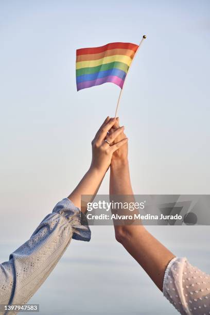 close-up shot of the hands of a lesbian female couple holding a lgbtqia rainbow flag. - proud fotografías e imágenes de stock