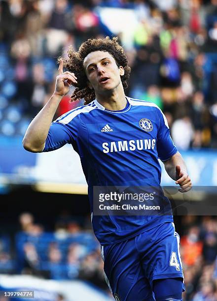 David Luiz of Chelsea celebrates scoring during the Barclays Premier League match between Chelsea and Bolton Wanderers at Stamford Bridge on February...