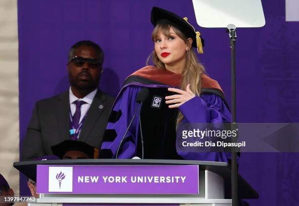 Taylor Swift Delivers New York University 2022 Commencement Address at Yankee Stadium on May 18, 2022 in New York City.