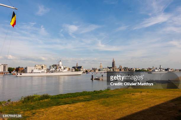The Dutch frigate Van Amstel, left and the Belgian frigate Leopold I take part in the celebration of the 75th anniversary of the Belgian Navy on May...