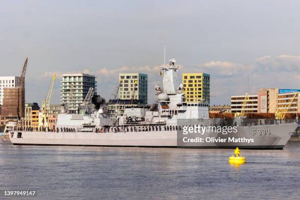 The Belgian frigate Leopold I takes part in the celebration of the 75th anniversary of the Belgian Navy on May 18, 2022 in the port of Antwerp,...