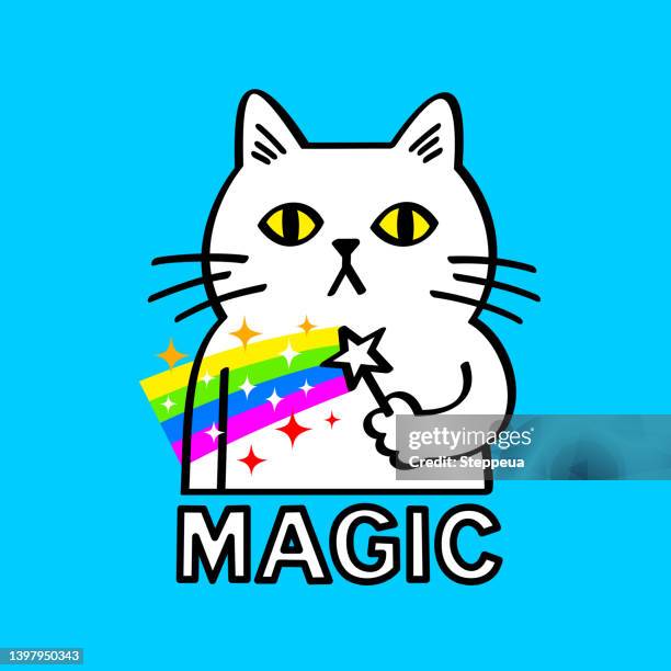 stockillustraties, clipart, cartoons en iconen met white cat holds magic wand - magic wand