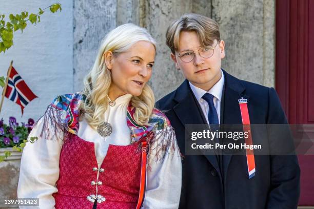 Crown Princess Mette-Marit of Norway and Prince Sverre Magnus of Norway attend the children's parade at Skaugum, Asker on Norway's National Day on...